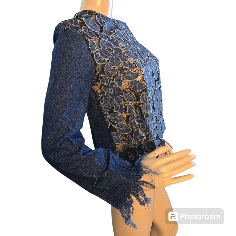 English Factory Womens Denim Blue  Embroidered Flower Long Sleeves Blouse Sz: XS - Picture 4 of 9